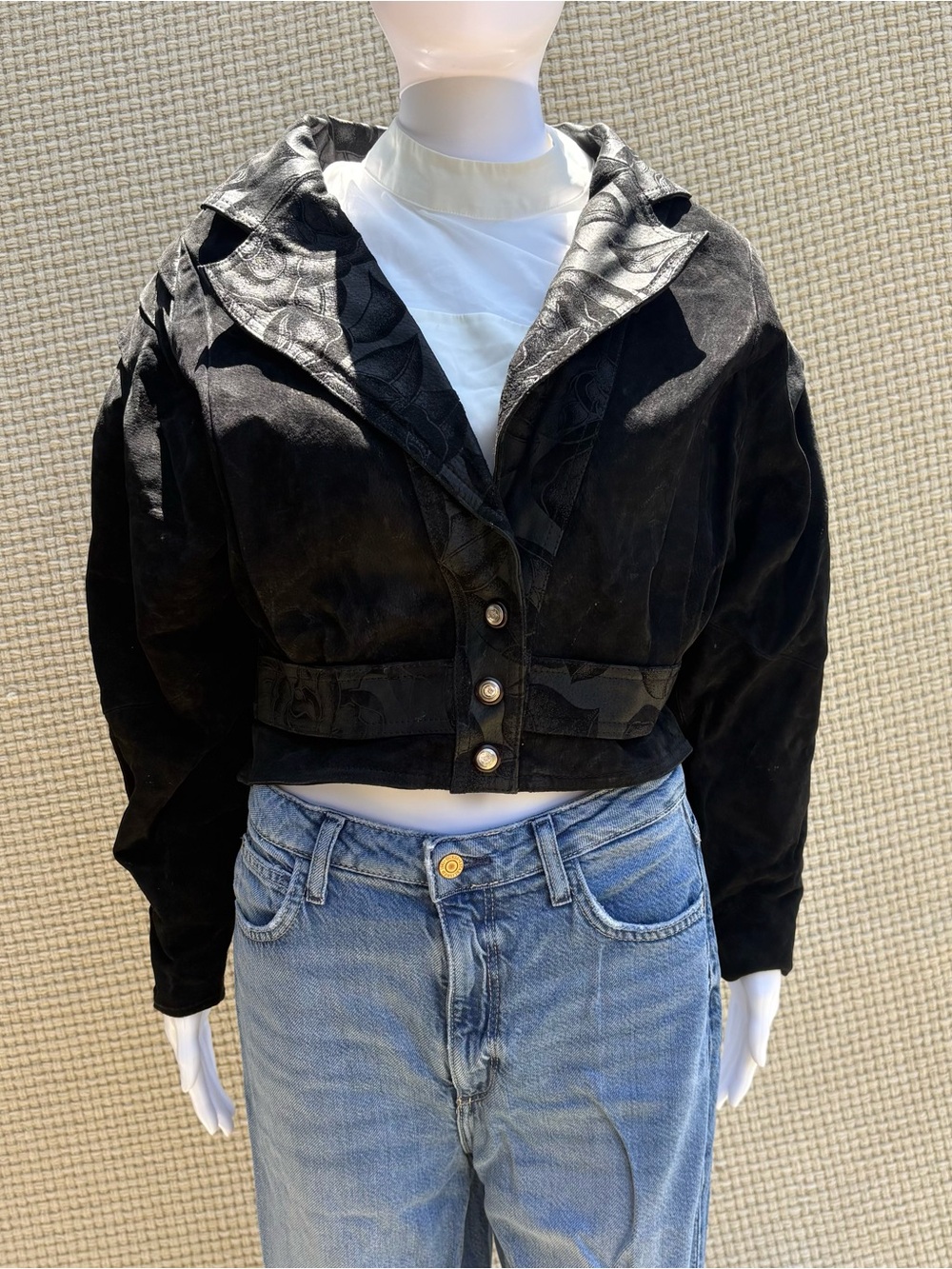 Vintage 80s Womens Cropped Leather Biker Jacket Leather Statement Floral